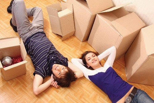 Packed boxes and furniture prepared for removals and storage in Barnes